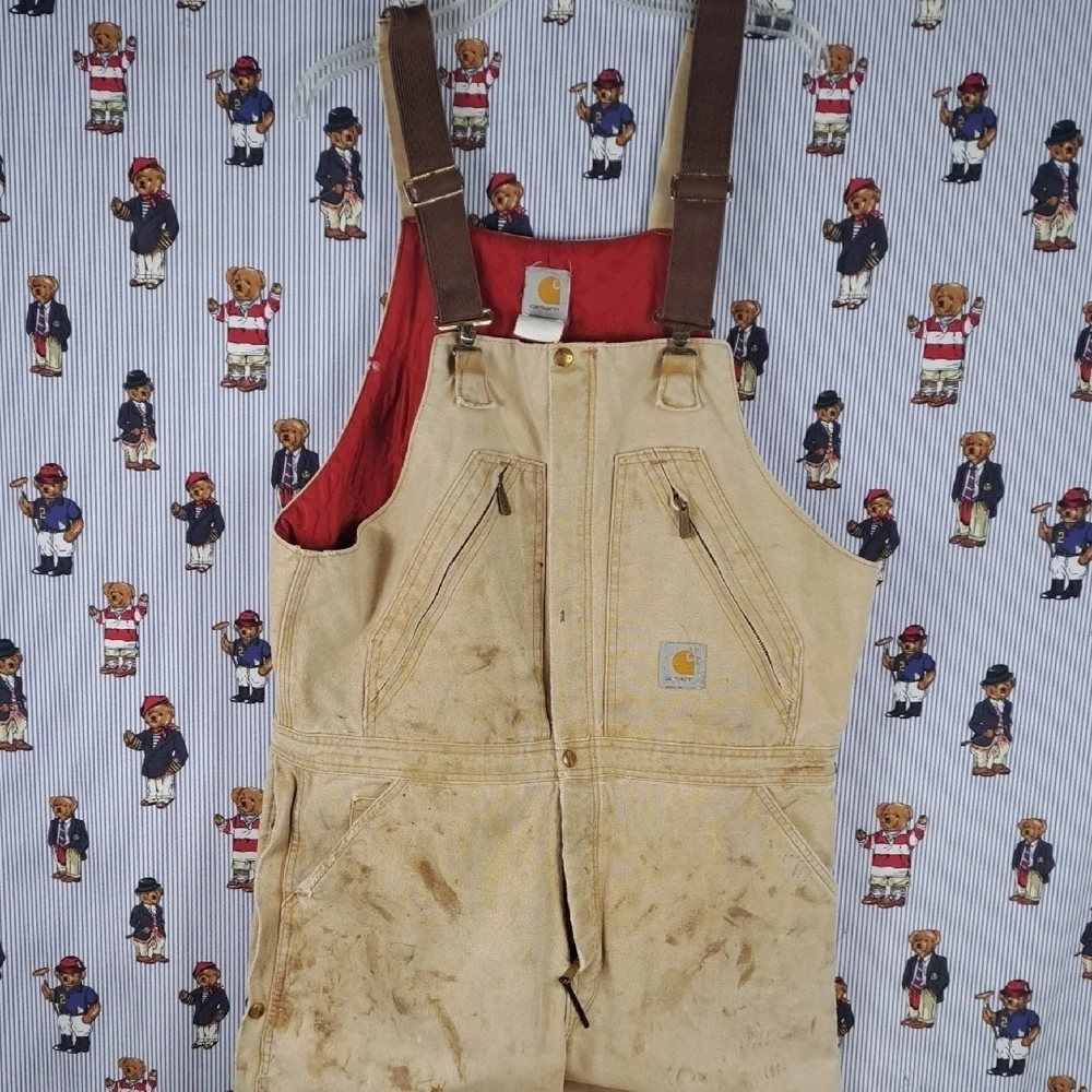 Vintage Carhartt UFCW union-made quilt line bib workwear half zip overalls